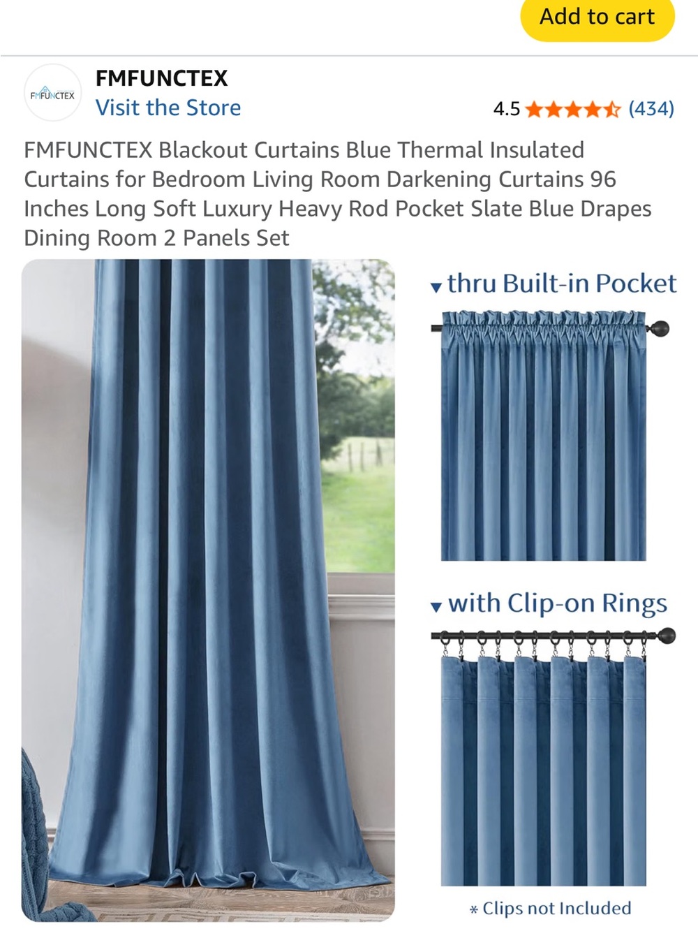 Set of 2 Slate Blue Velvet Curtain 52” x 96” - Picture 2 of 3